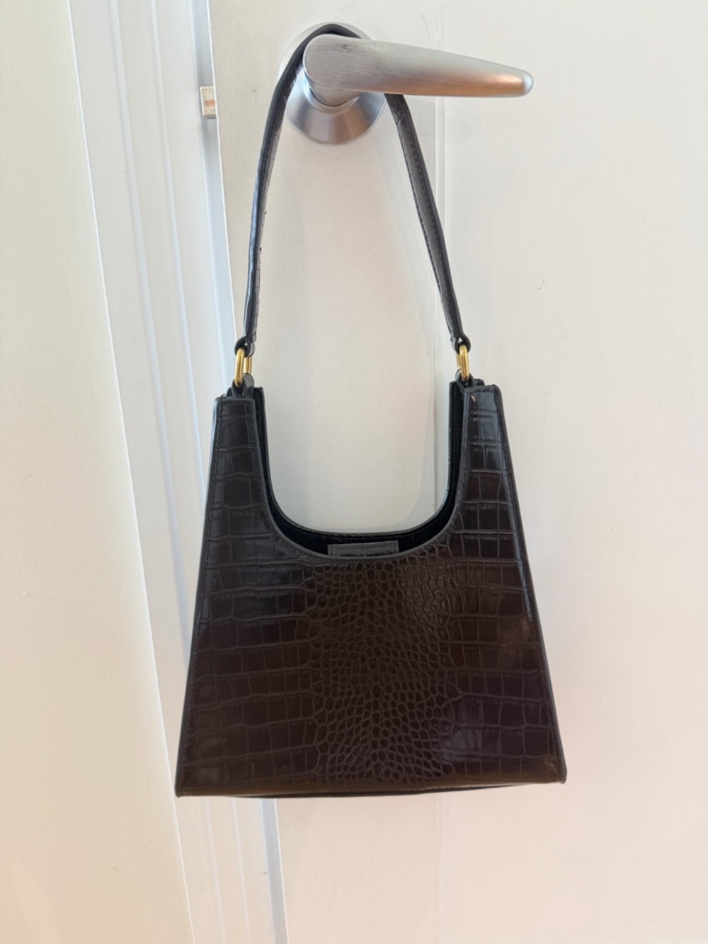 Structured Croc-Embossed Shoulder Bag in Dark Brown